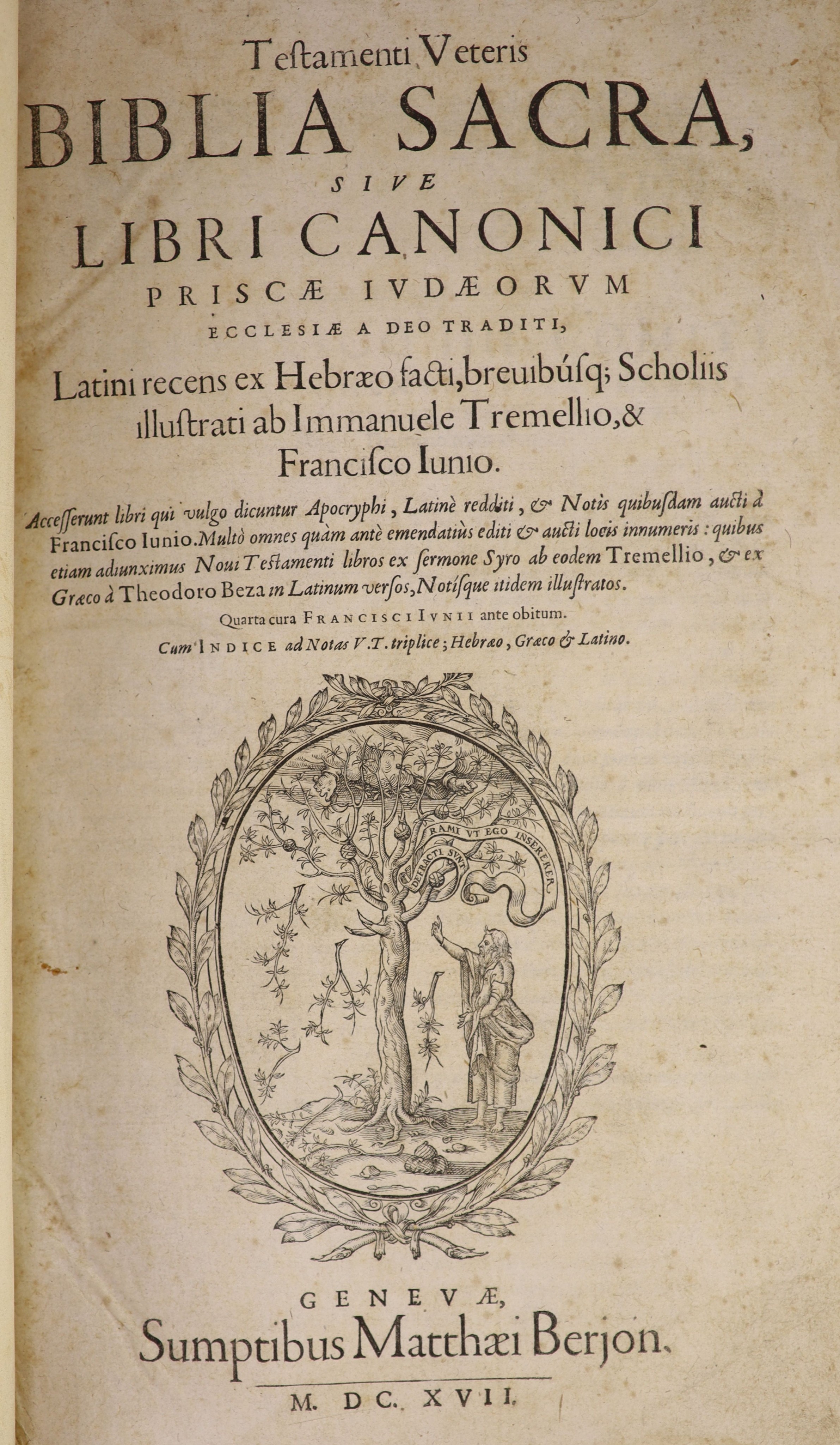 [Holy Bible] Testamenti Veteris Biblia Sacra, sive Libri Canonici Priscae Iudaeorum Ecclesiae a Deo Traditi ... engraved title device, head and tailpiece decorations